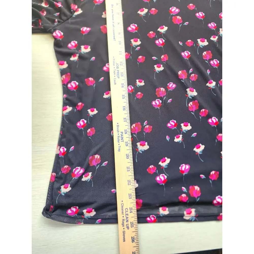 POPSUGAR Women's XL Black Floral Mesh Sheer Sleeve Mock Neck Top Blouse